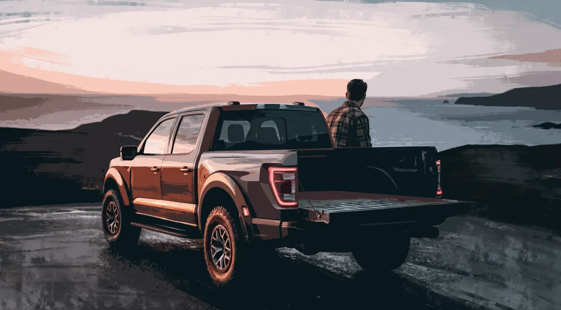 Concept art: a pickup parked at a cold shoreline at dusk, tailgate down.