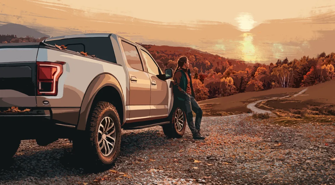Concept art: a driver leaning on a truck above an autumn valley at sunrise.