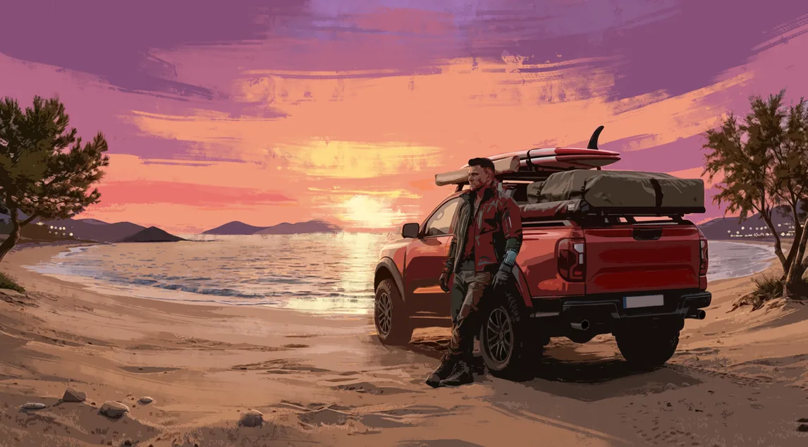 Concept art: a loaded pickup on a beach beneath a violet sunset.