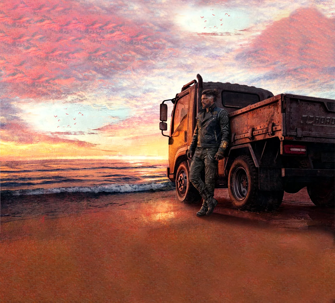 Concept art: a driver standing beside a rusted flatbed truck on a shoreline at sunset.