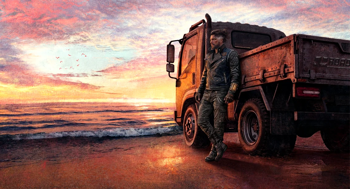 Concept art: a driver standing beside a rusted flatbed truck on a shoreline at sunset.