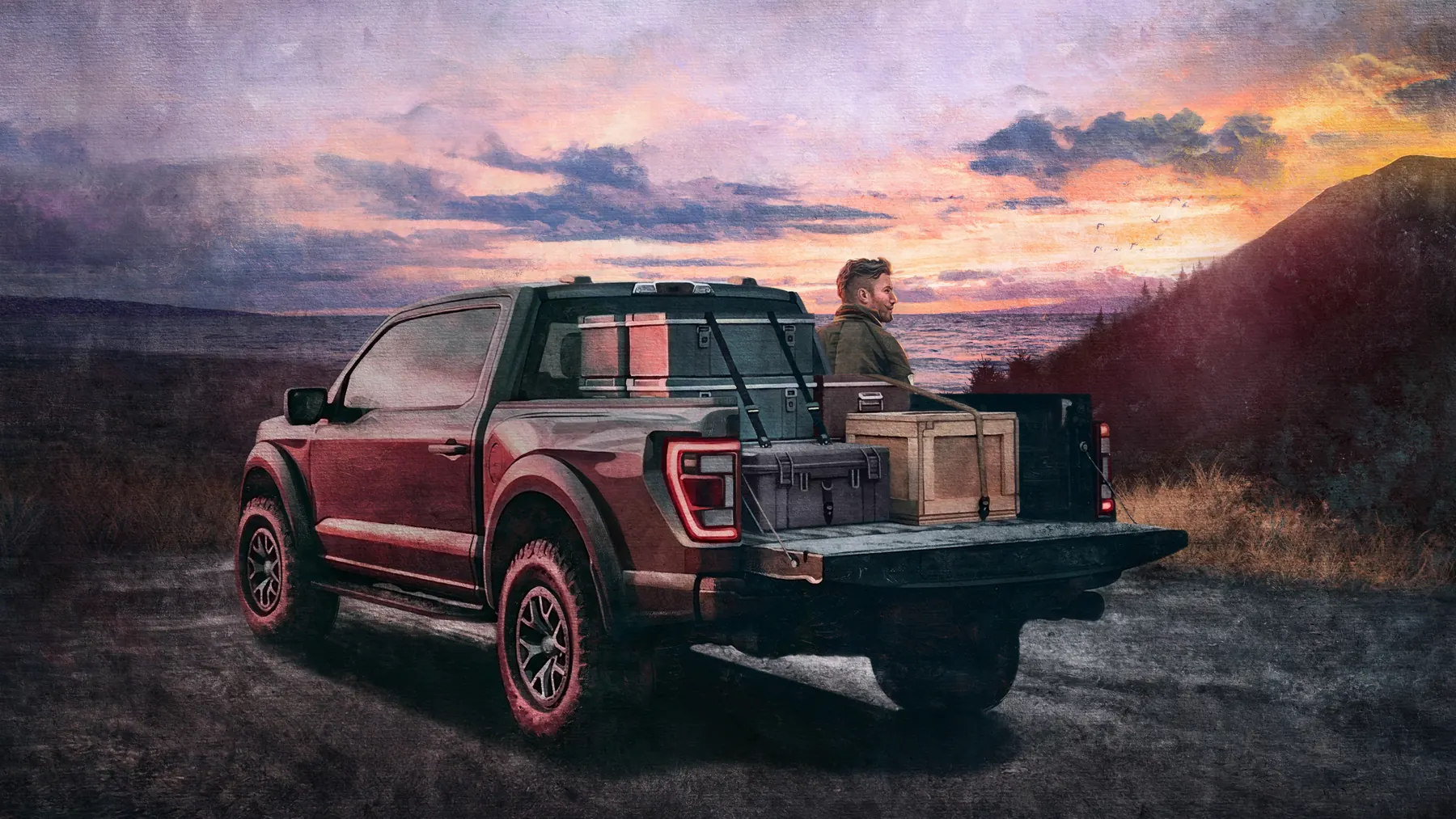 Concept art: a driver sitting on the tailgate of a loaded pickup, watching a coastal sunset.
